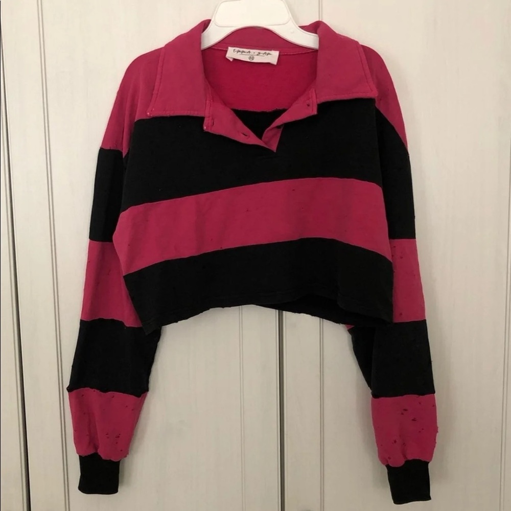 LF Emma & Sam Wide Striped Henley Rugby Crop Collared Polo Oversized Shirt